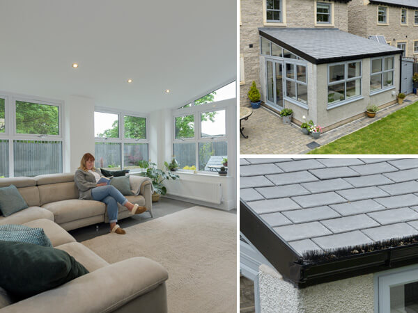 A lady inside a solid roof extension